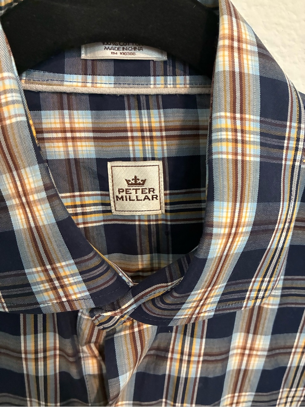 Peter Millar Navy Plaid Button-Down Shirt with White and Tan Stripes - Picture 2 of 3